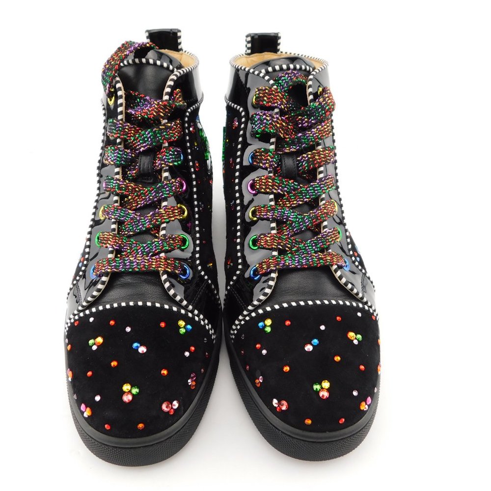 CHRISTIAN LOUBOUTIN Sparkle Crystal Logo Black Leather High Top Sneakers 40